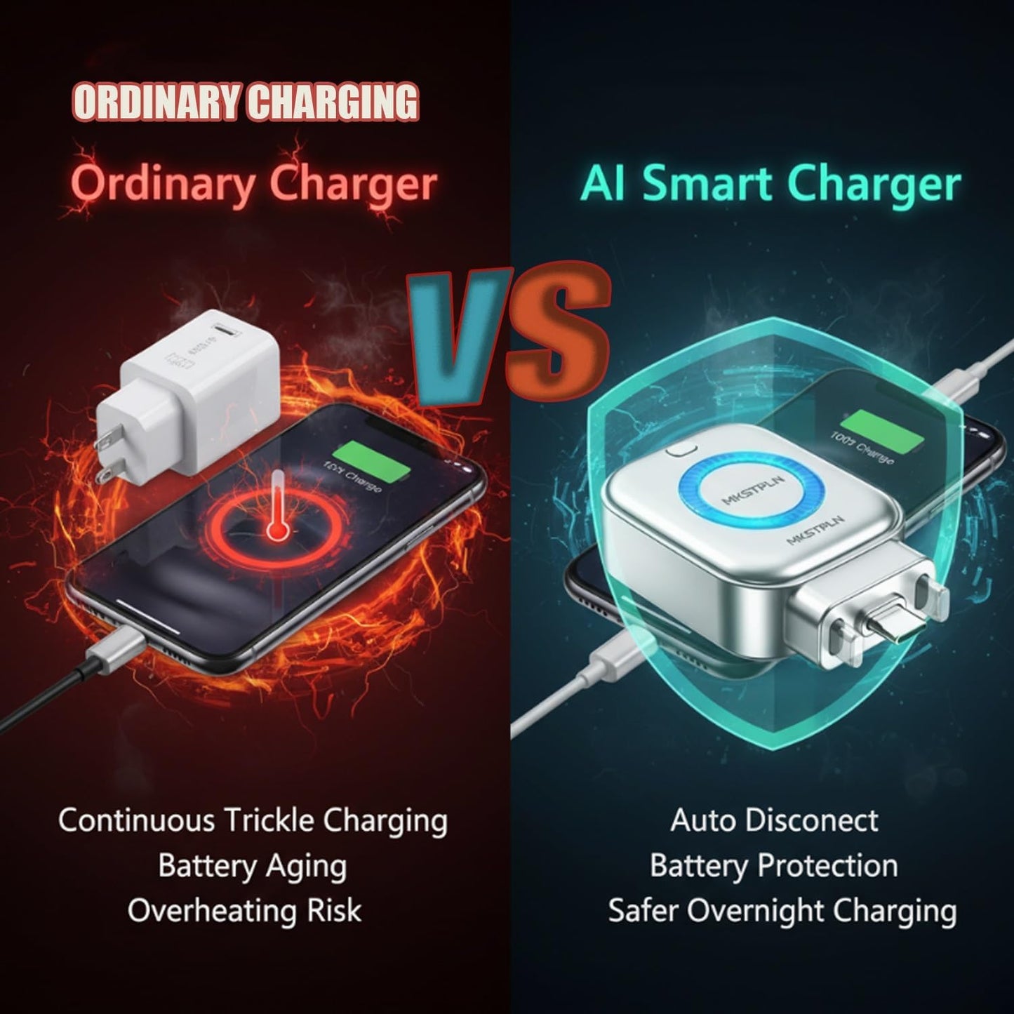 AI Smart Auto Cut Adapter Full Battery Auto Disconnect Protects Health for Iphone Android 140W Smart Cut Charger Automatic Power off Fast Charging Stop Overcharge Prevention USB C Cable Phone Laptop