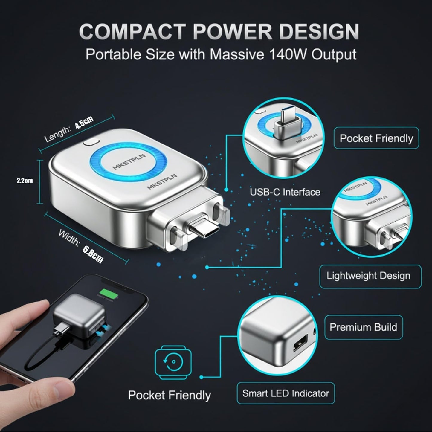 AI Smart Auto Cut Adapter Full Battery Auto Disconnect Protects Health for Iphone Android 140W Smart Cut Charger Automatic Power off Fast Charging Stop Overcharge Prevention USB C Cable Phone Laptop