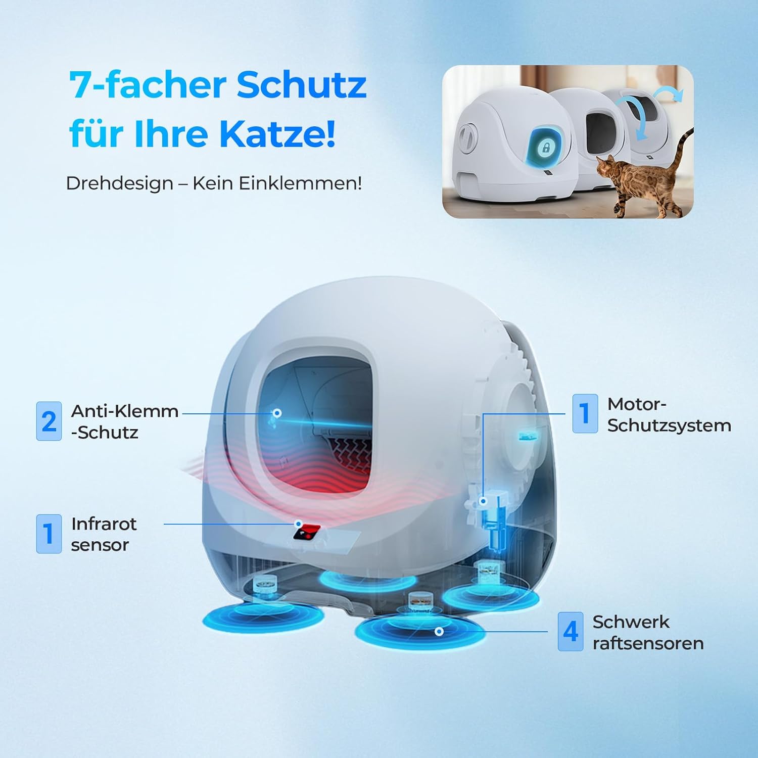 Catlink Baymax Selbstreinigende Katzentoilette, Überwachung Der Gesundheit Ihrer Katze, App-Fernbedienung, Anti-Blockierschutz，Geruchsbekämpfung, 4 Reinigungsmodi, Geeignet Für Katzen Von 1,5-10 Kg