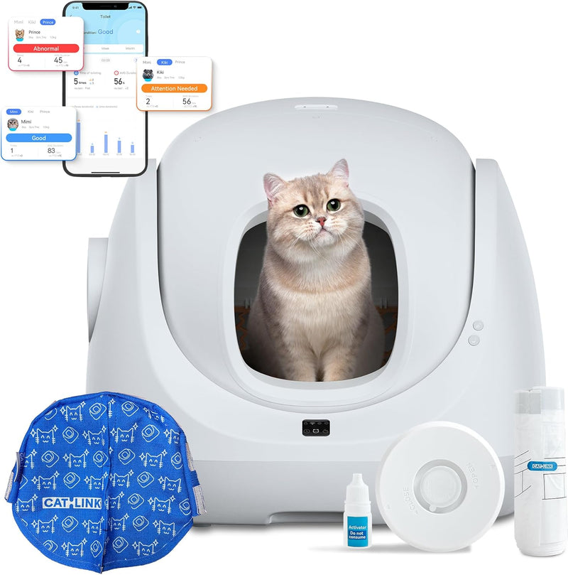 Catlink Baymax Selbstreinigende Katzentoilette, Überwachung Der Gesundheit Ihrer Katze, App-Fernbedienung, Anti-Blockierschutz，Geruchsbekämpfung, 4 Reinigungsmodi, Geeignet Für Katzen Von 1,5-10 Kg